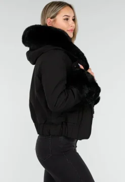 Zwarte Korte Winterjas met Afneembare Faux Fur Kraag en Manchetten