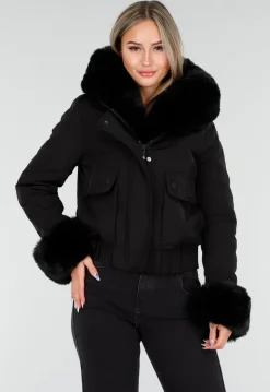 Zwarte Korte Winterjas met Afneembare Faux Fur Kraag en Manchetten