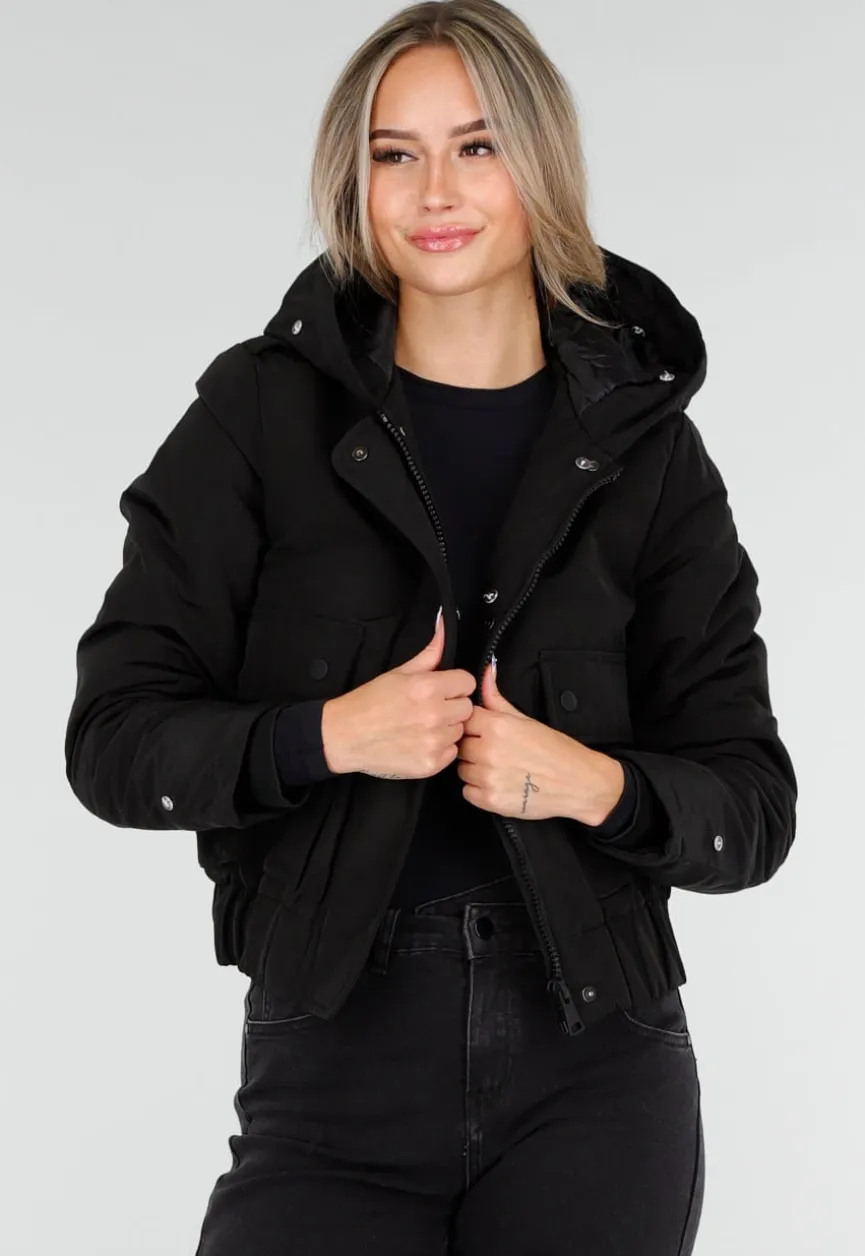 Zwarte Korte Winterjas met Afneembare Faux Fur Kraag en Manchetten