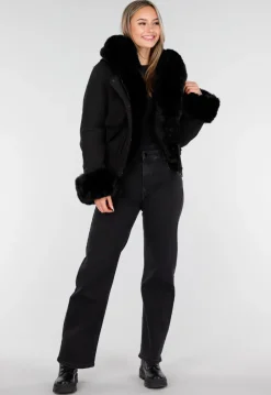 Zwarte Korte Winterjas met Afneembare Faux Fur Kraag en Manchetten