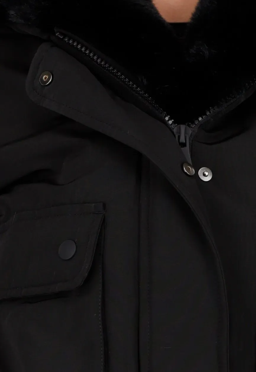 Zwarte Korte Winterjas met Afneembare Faux Fur Kraag en Manchetten