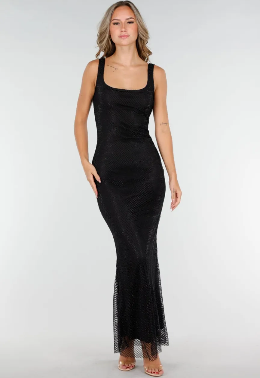 Zwarte Lange Glitter Maxi Jurk met Strass Steentjes en Lage Rug