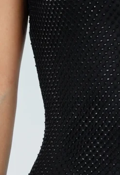 Zwarte Lange Glitter Maxi Jurk met Strass Steentjes en Lage Rug