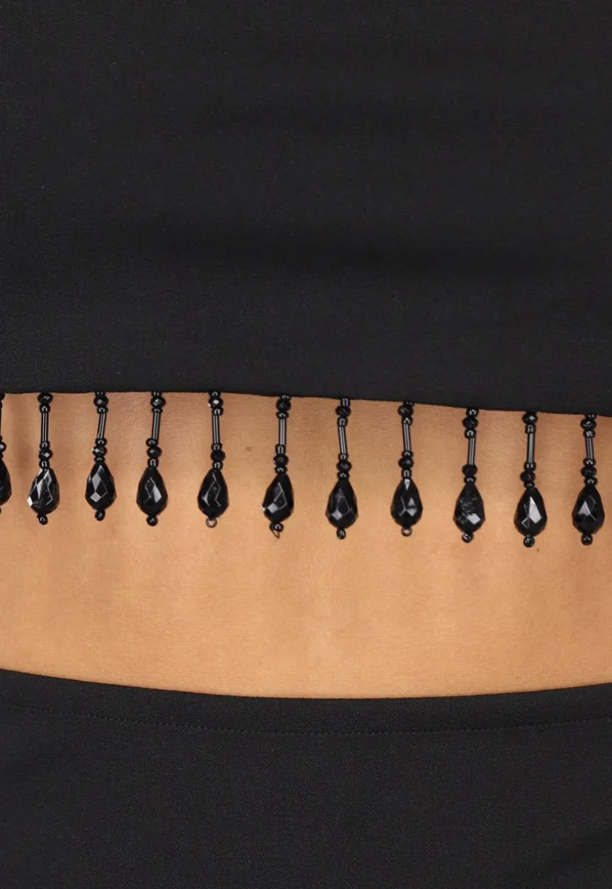 Zwarte Lange Halter Jurk met Strass Fringe
