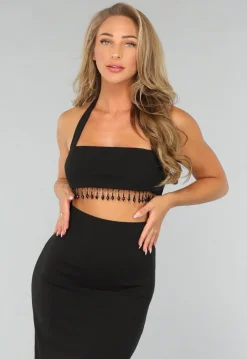 Zwarte Lange Halter Jurk met Strass Fringe