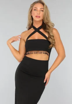 Zwarte Lange Halter Jurk met Strass Fringe