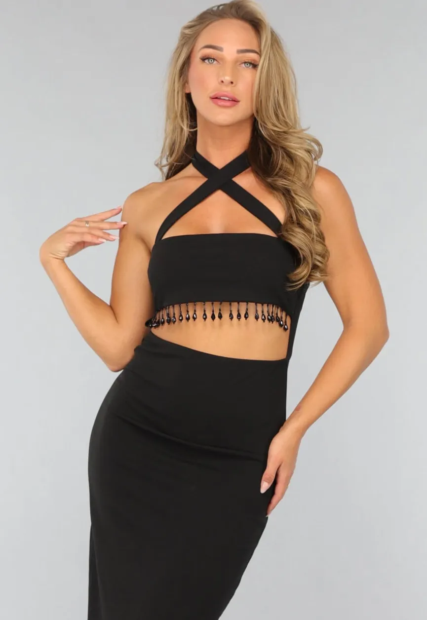 Zwarte Lange Halter Jurk met Strass Fringe