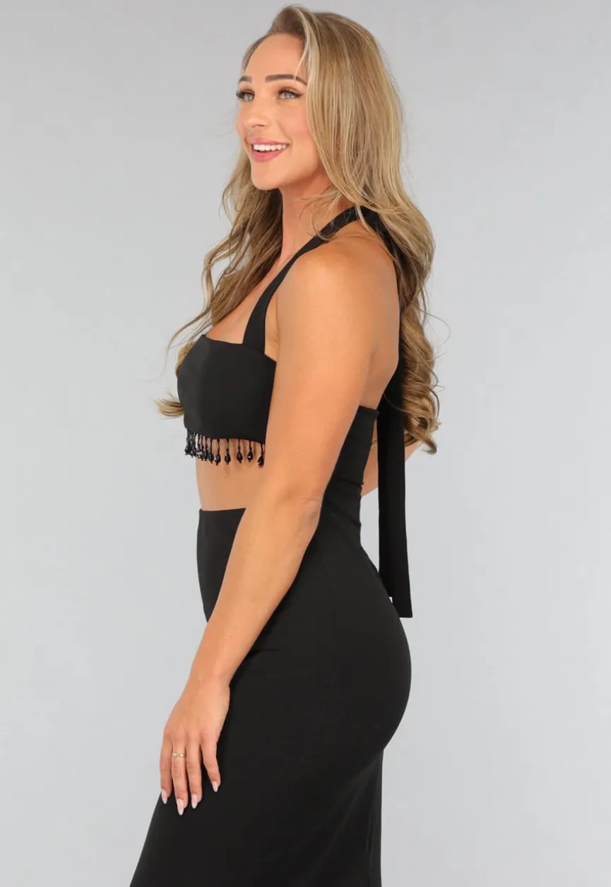 Zwarte Lange Halter Jurk met Strass Fringe
