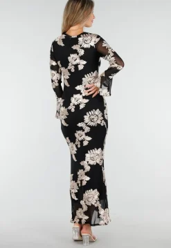 Zwarte Lange Jurk met Stretch en Beige Bloemenprint