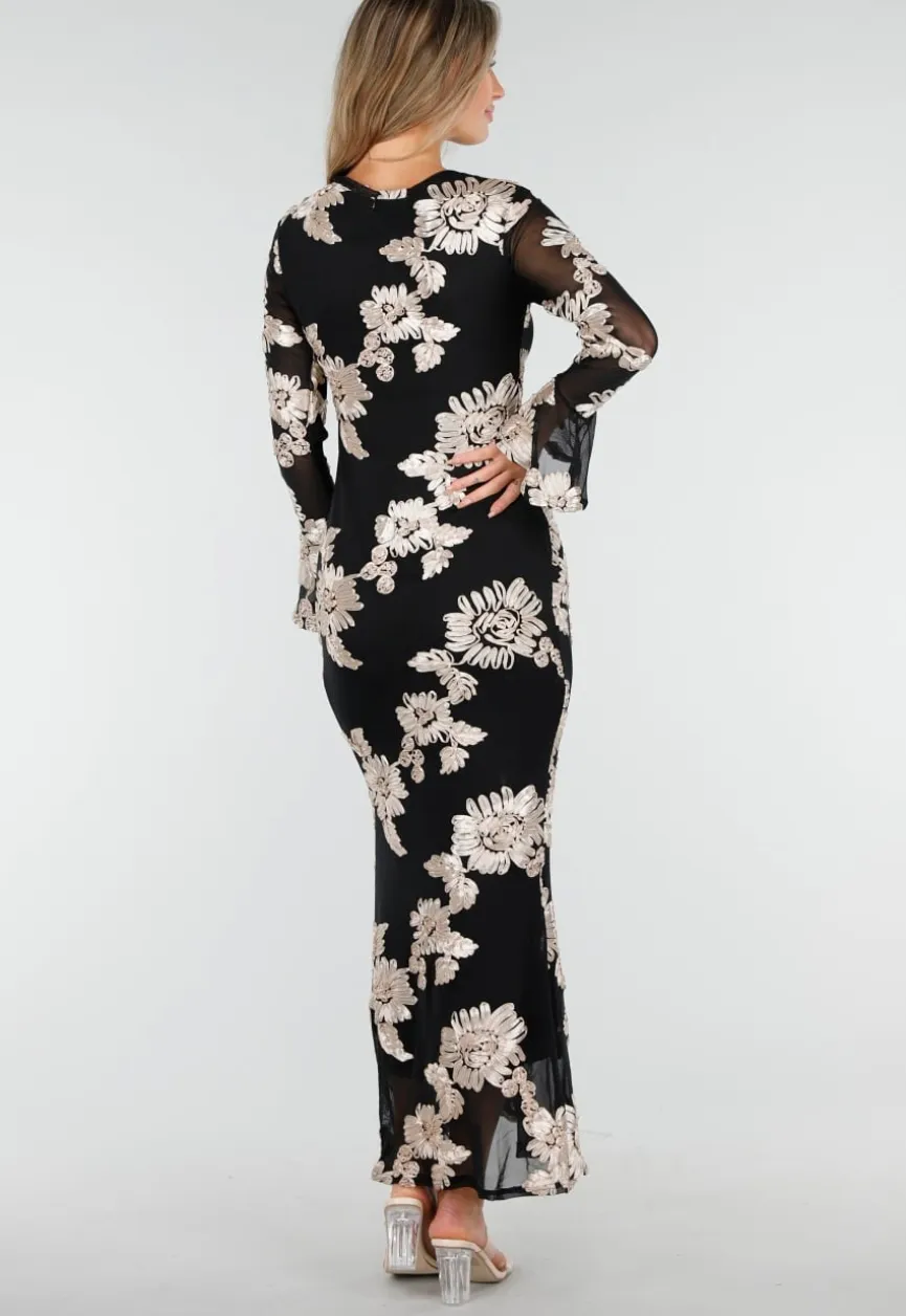 Zwarte Lange Jurk met Stretch en Beige Bloemenprint