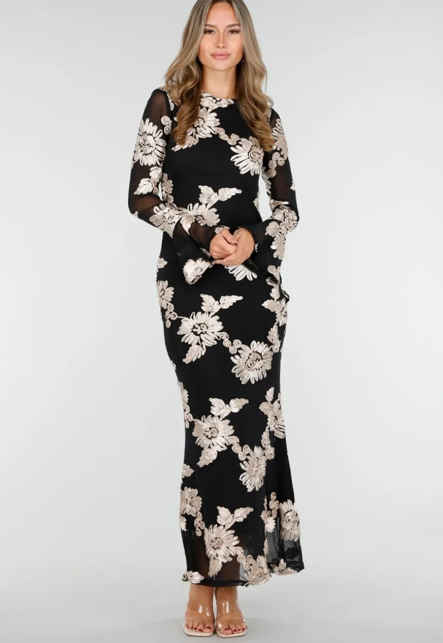 Zwarte Lange Jurk met Stretch en Beige Bloemenprint