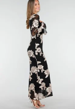 Zwarte Lange Jurk met Stretch en Beige Bloemenprint