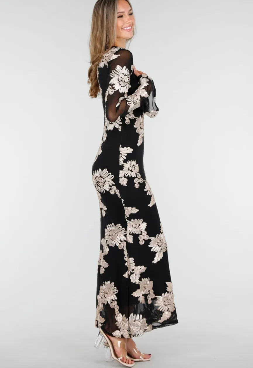 Zwarte Lange Jurk met Stretch en Beige Bloemenprint