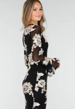 Zwarte Lange Jurk met Stretch en Beige Bloemenprint