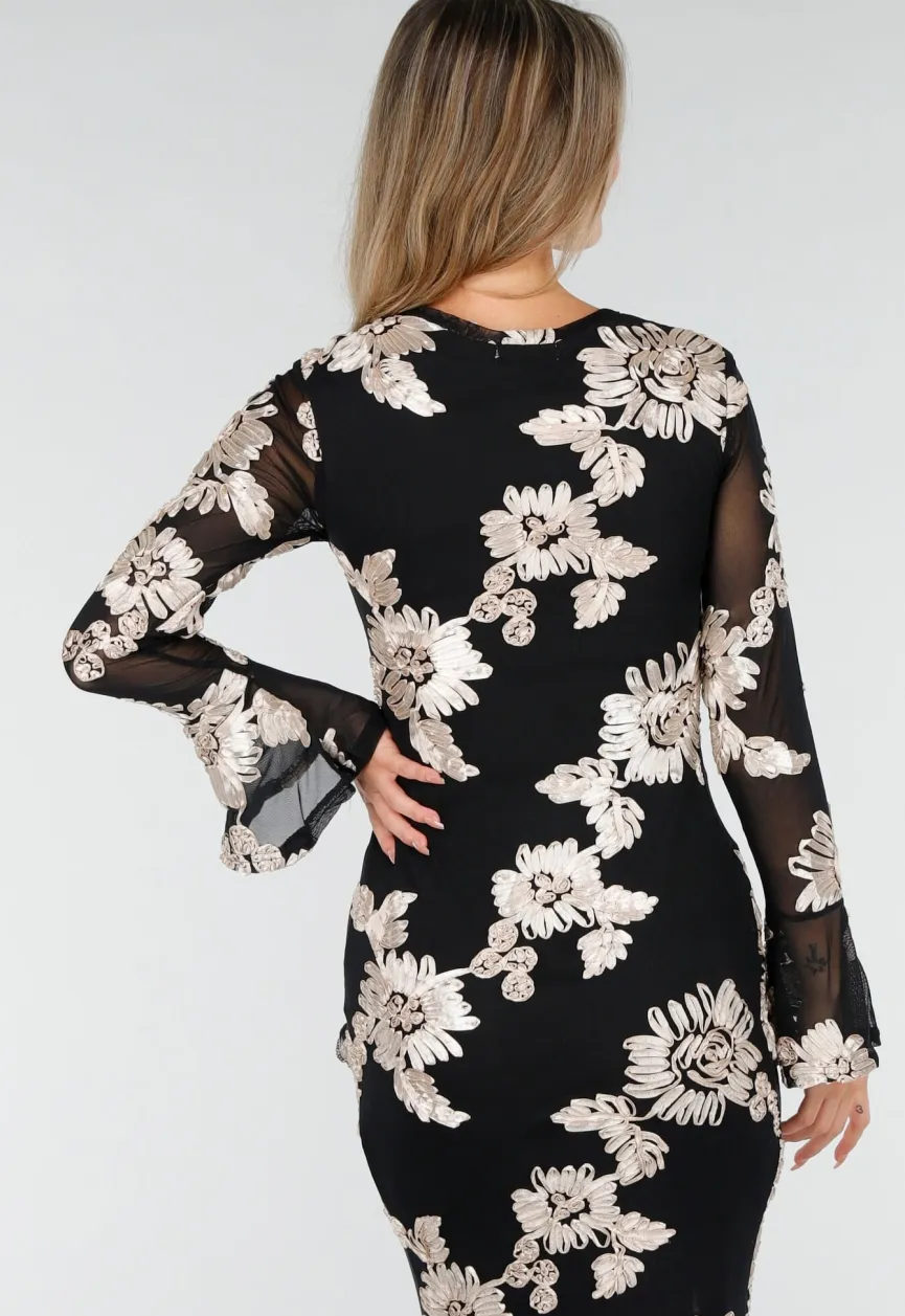 Zwarte Lange Jurk met Stretch en Beige Bloemenprint
