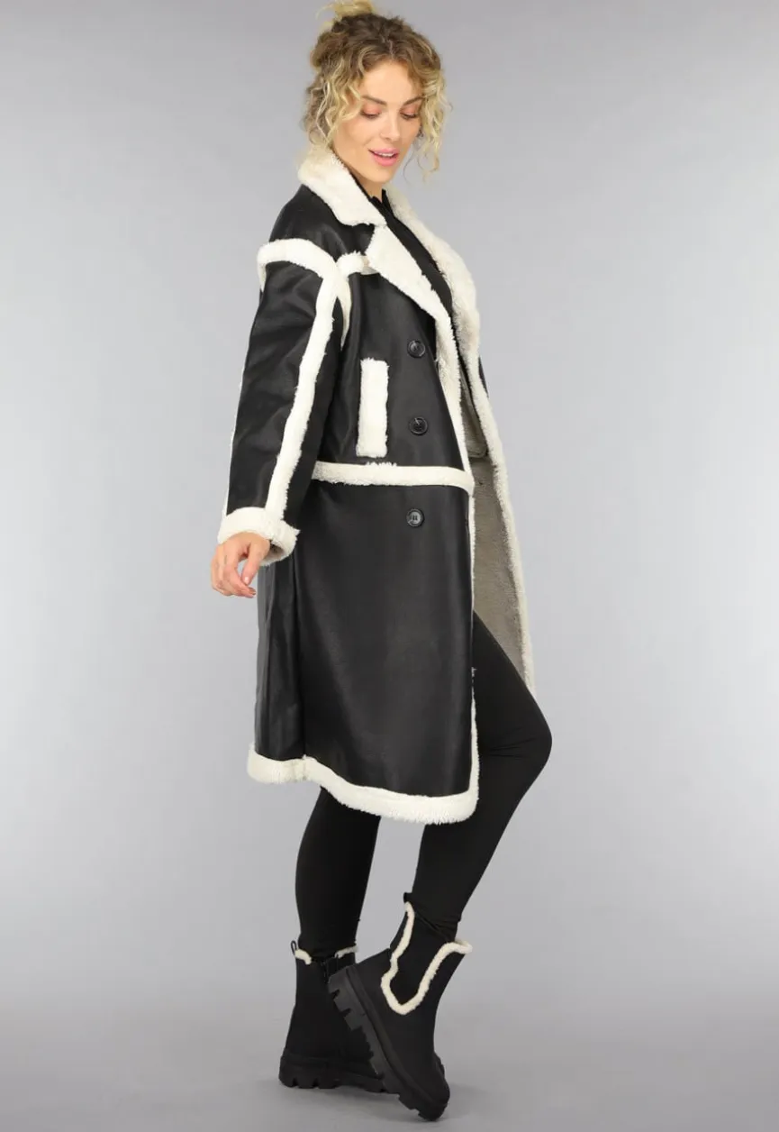 Zwarte Lange Lederlook Teddy Mantel Jas
