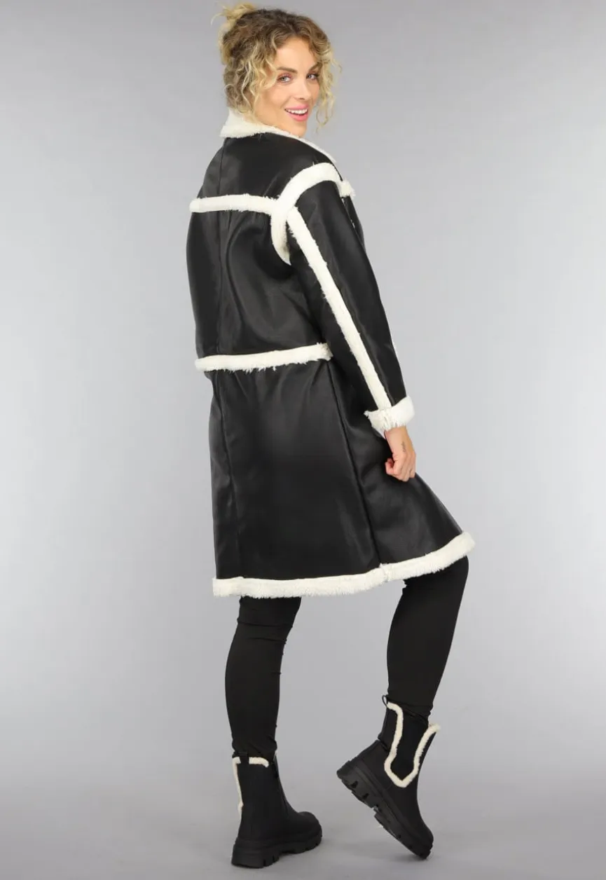 Zwarte Lange Lederlook Teddy Mantel Jas