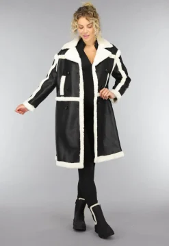 Zwarte Lange Lederlook Teddy Mantel Jas