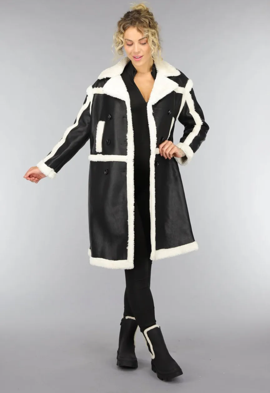 Zwarte Lange Lederlook Teddy Mantel Jas