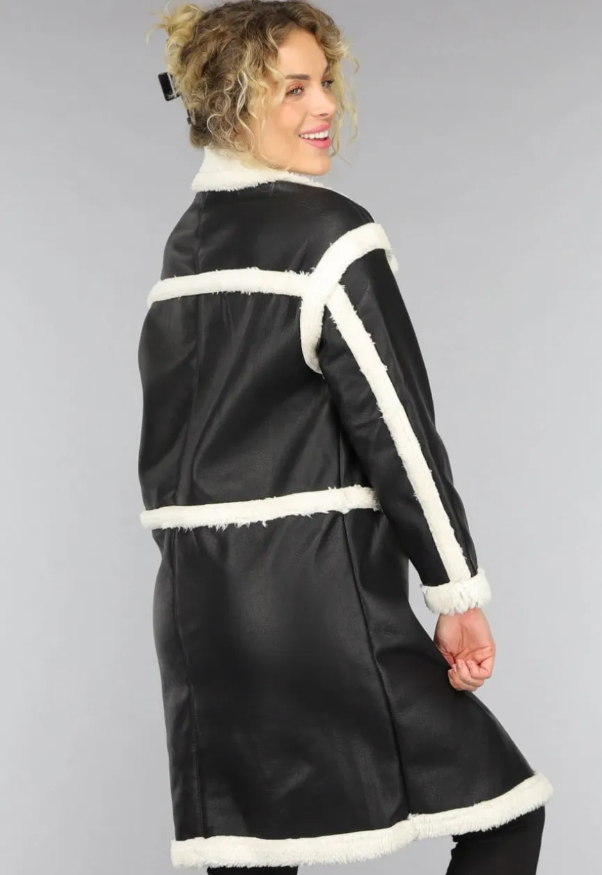 Zwarte Lange Lederlook Teddy Mantel Jas