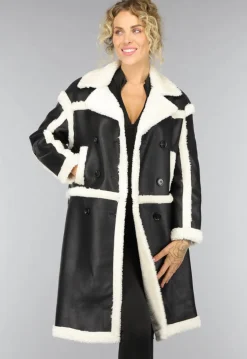 Zwarte Lange Lederlook Teddy Mantel Jas