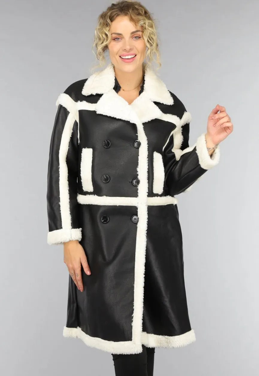 Zwarte Lange Lederlook Teddy Mantel Jas