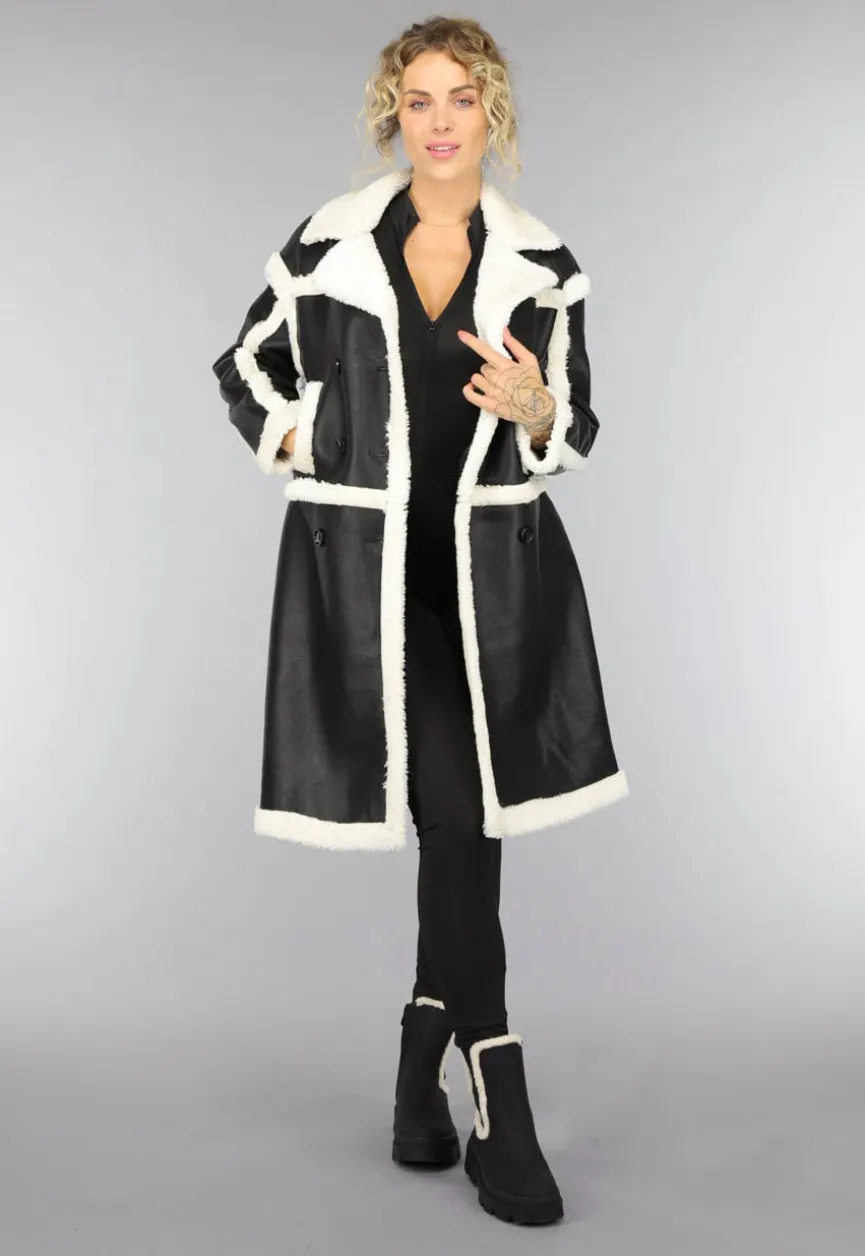Zwarte Lange Lederlook Teddy Mantel Jas