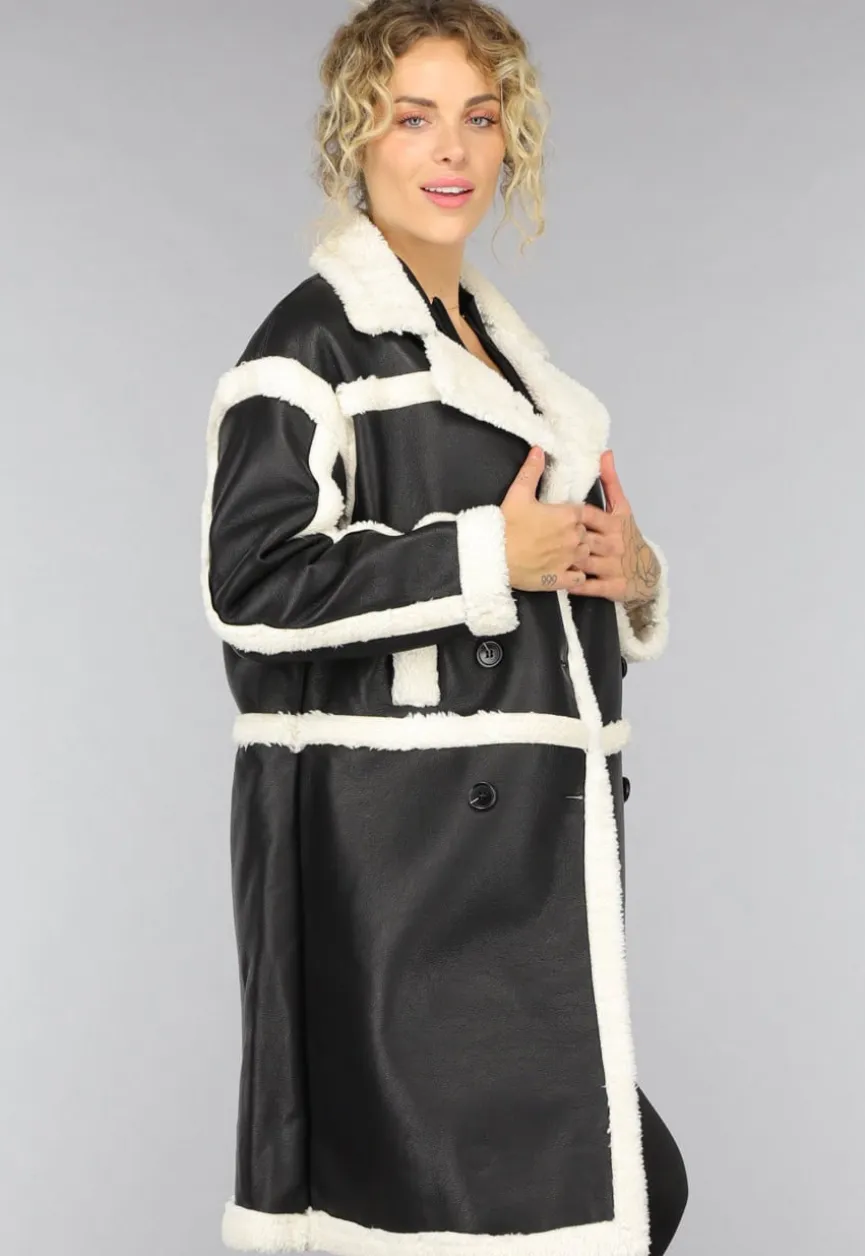 Zwarte Lange Lederlook Teddy Mantel Jas