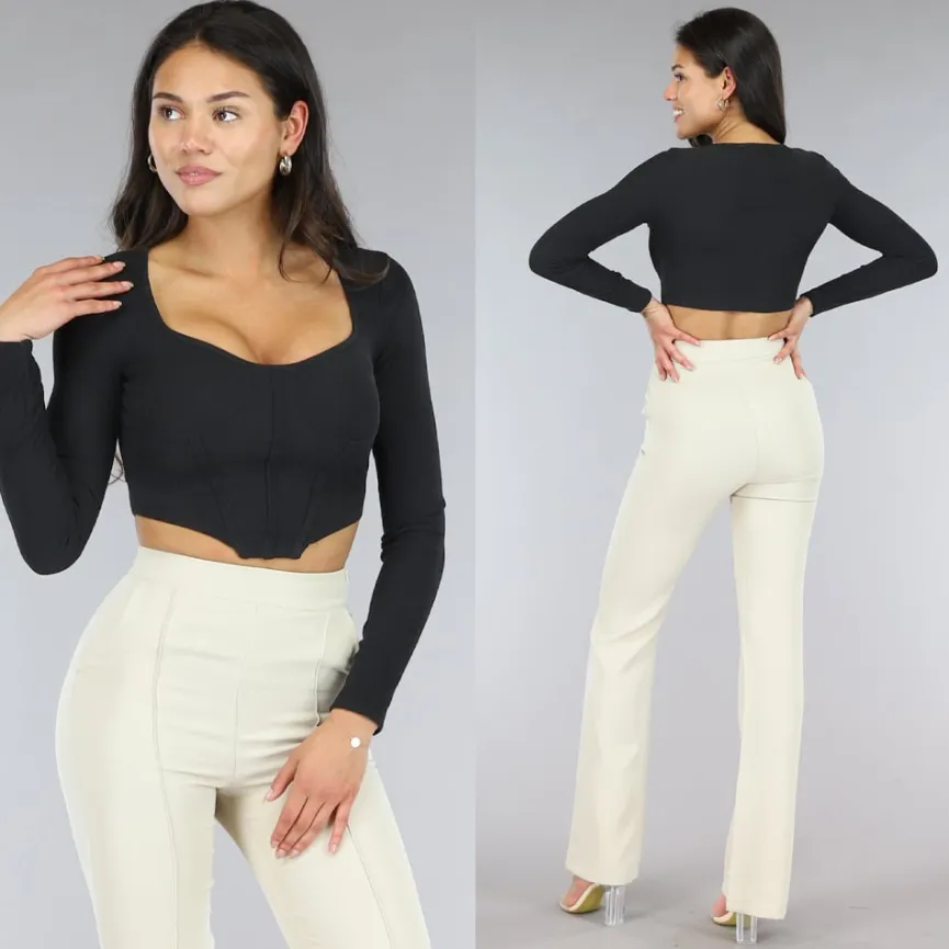 Zwarte Lange Mouwen Rib Crop Top