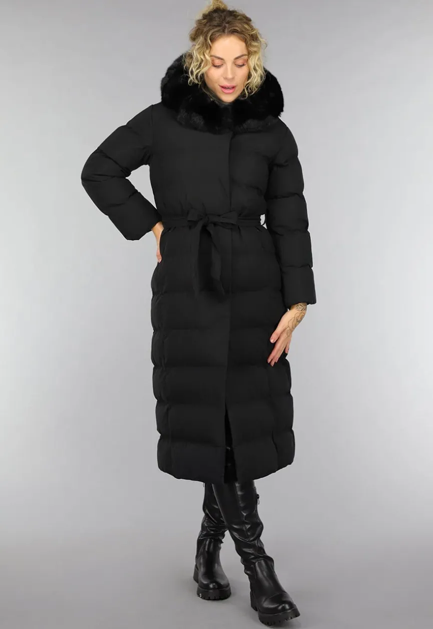 Zwarte Lange Pufferjacket met Bontkraag