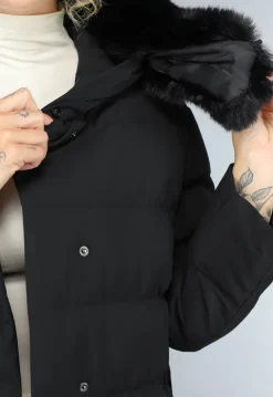 Zwarte Lange Pufferjacket met Bontkraag