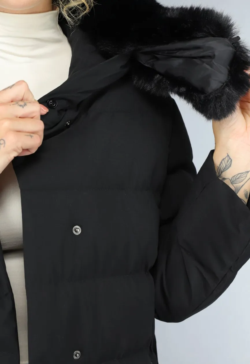Zwarte Lange Pufferjacket met Bontkraag