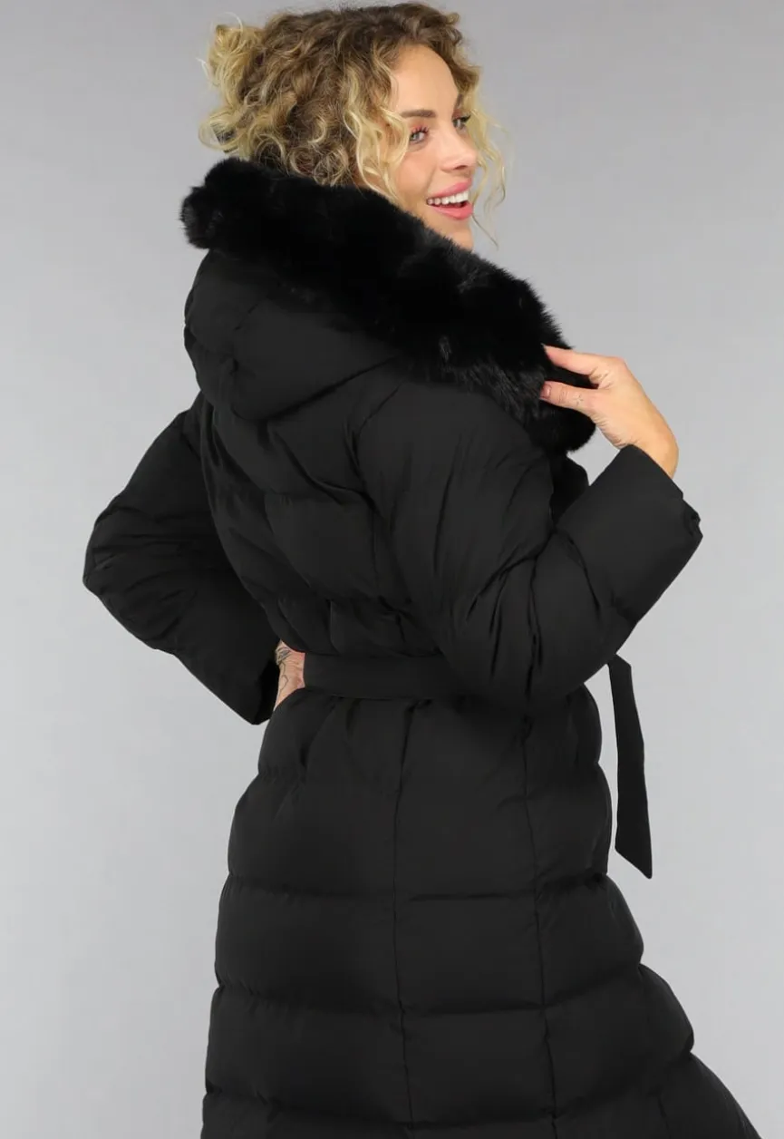 Zwarte Lange Pufferjacket met Bontkraag