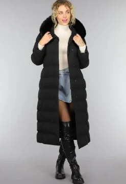 Zwarte Lange Pufferjacket met Bontkraag