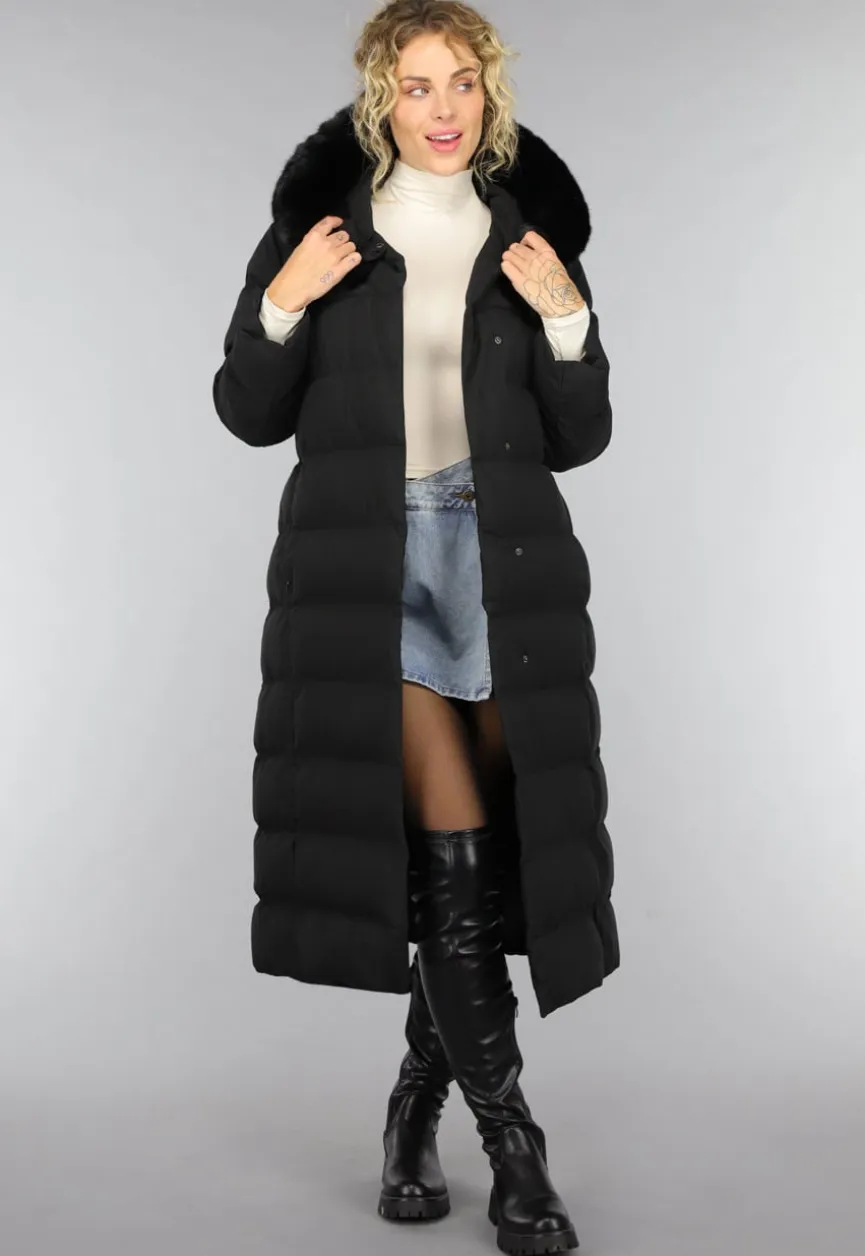 Zwarte Lange Pufferjacket met Bontkraag