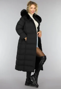 Zwarte Lange Pufferjacket met Bontkraag