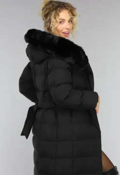 Zwarte Lange Pufferjacket met Bontkraag