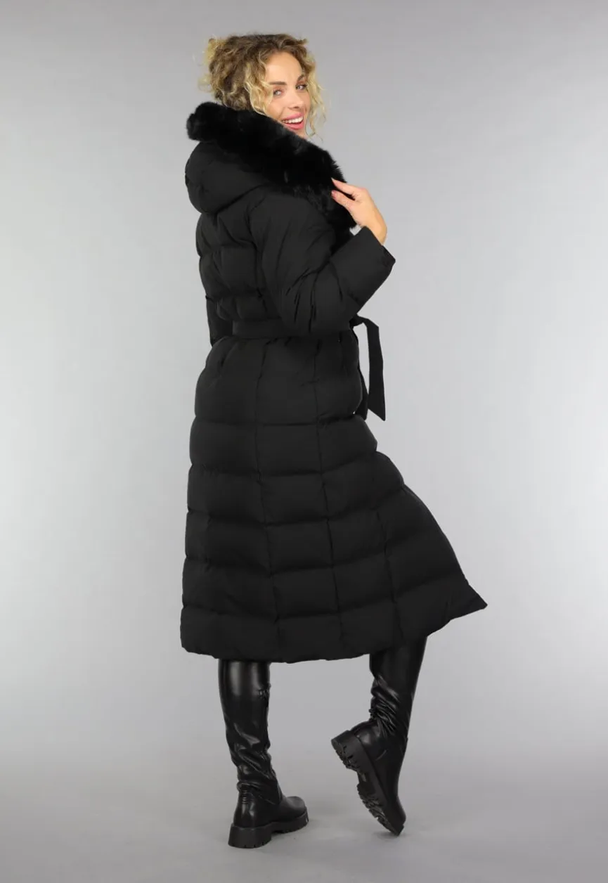 Zwarte Lange Pufferjacket met Bontkraag