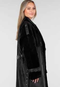 Zwarte Lange Trenchcoat van Imitatieleer met Ceintuur