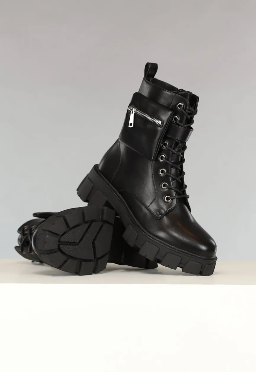 Zwarte Lederlook Biker Boots met Tasje