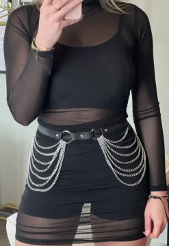 Zwarte Lederlook Bodychain met Zilveren Laagjes