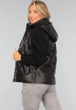 Zwarte Lederlook Bodywarmer met Capuchon