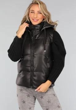 Zwarte Lederlook Bodywarmer met Capuchon