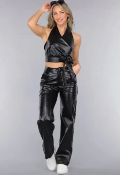 Zwarte Lederlook Cargo 2-Piece met Halter Top