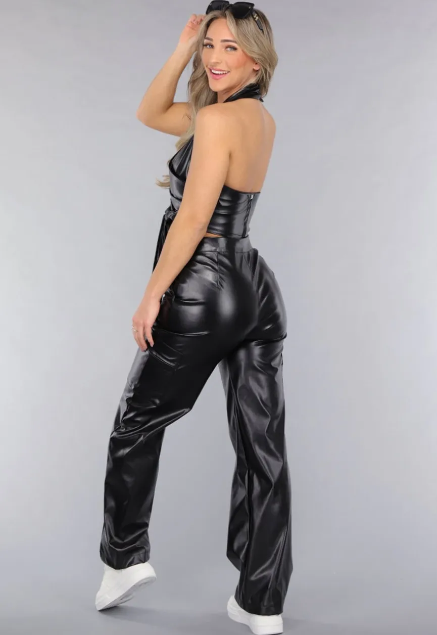 Zwarte Lederlook Cargo 2-Piece met Halter Top