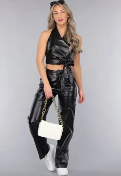 Zwarte Lederlook Cargo 2-Piece met Halter Top