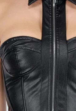 Zwarte Lederlook Corset Top met Rits en Kraag