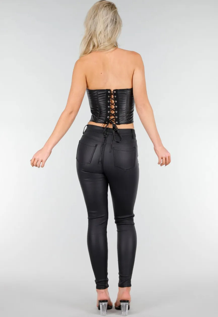 Zwarte Lederlook Corset Top met Rits en Kraag
