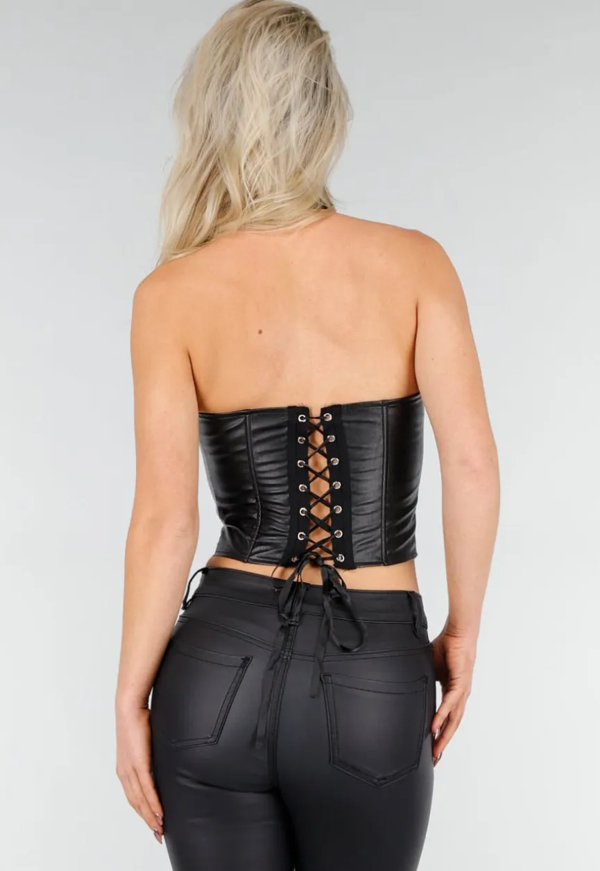 Zwarte Lederlook Corset Top met Rits en Kraag