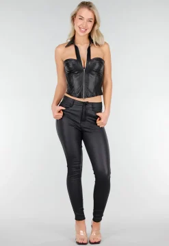 Zwarte Lederlook Corset Top met Rits en Kraag
